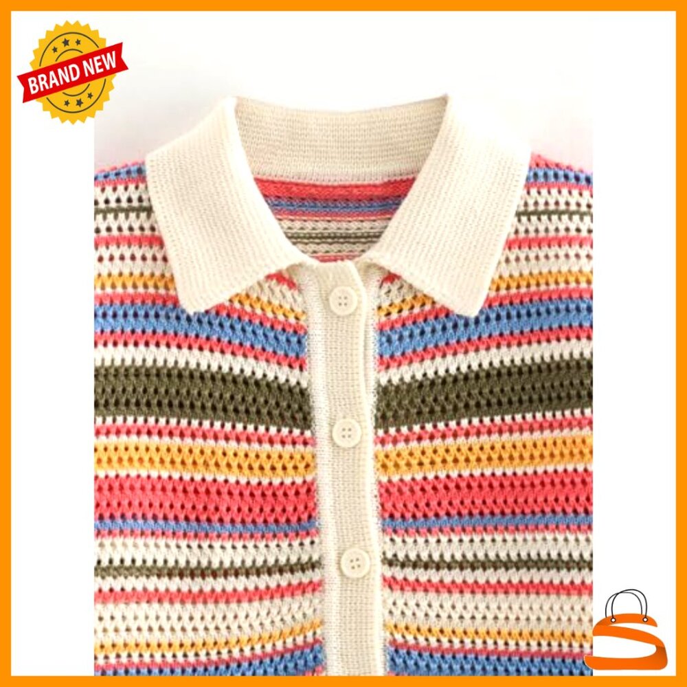 Cropped Polo Sweater Striped Button-Up Knit Top Short Sleeve - Picture 4 of 7